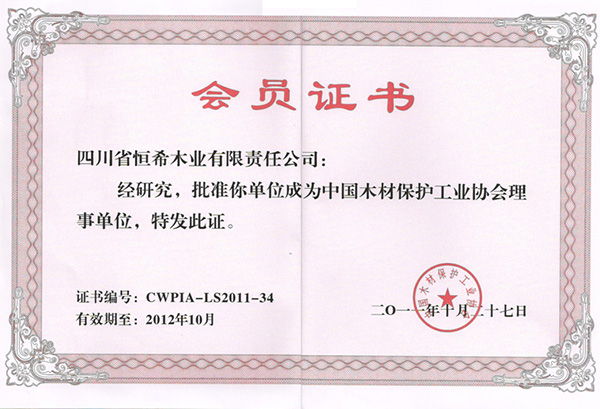 木材保護工業(yè)協(xié)會理事單位 會員證書